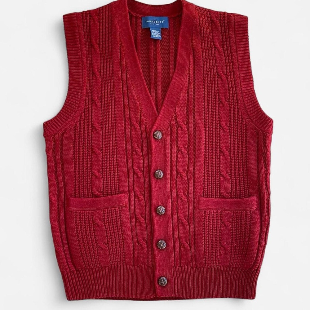 Vintage Men’s Towncraft Red Knit Button Front Sweater Vest S Preppy Academia